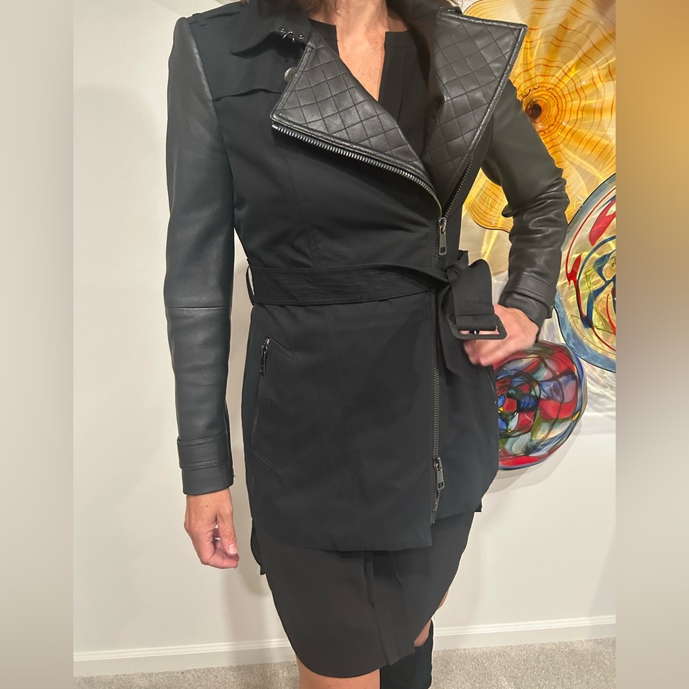 Burberry Black Trench Coat with Leather Sleeves and Accents Size 10